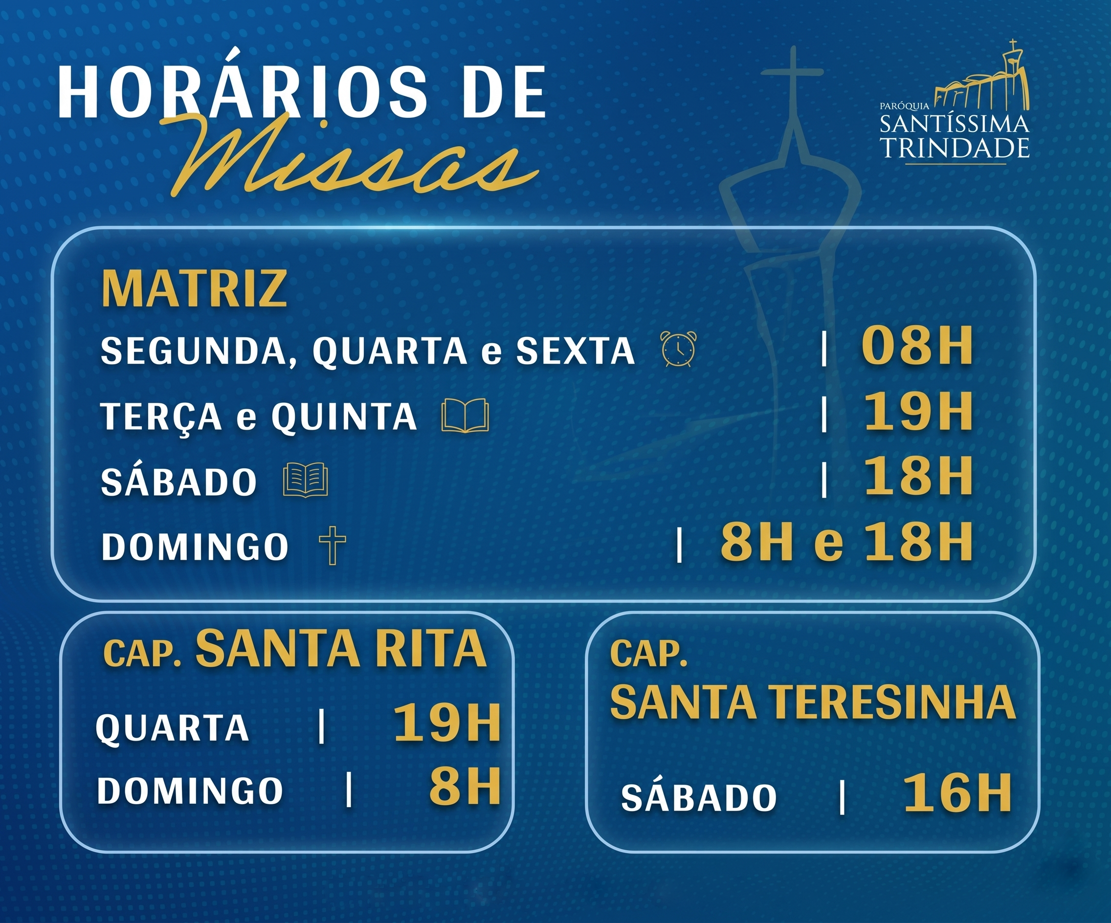 Arte de tonalidade azul com os Horários de missas